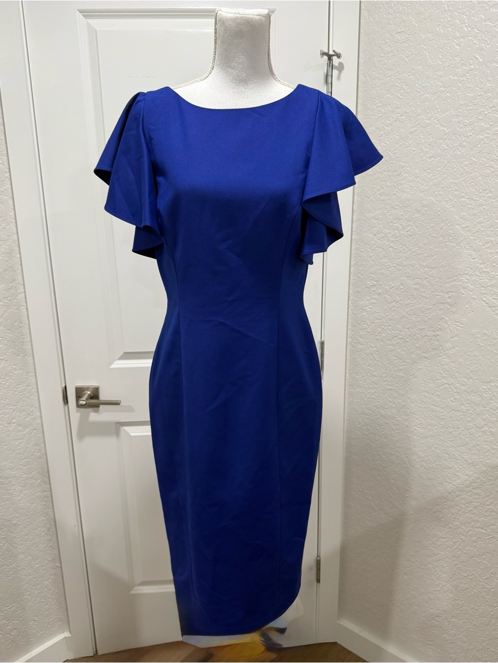 ANTONIO MELANI Cobalt Ruffle-Sleeve Midi Sheath Dress Size 8 - Picture 3 of 8